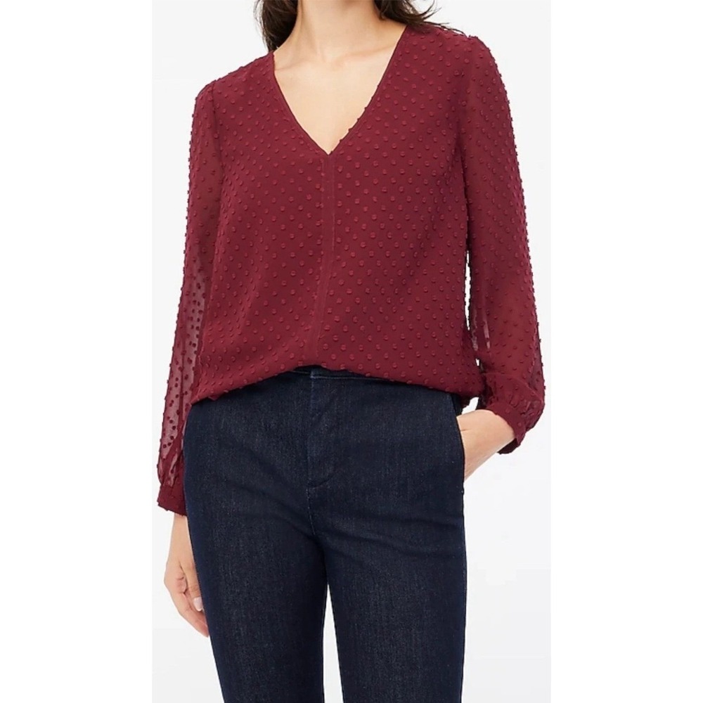 J. Crew Textured Dot V Neck Long Sleeve Blouse Burgundy Petite XS NWOT $80